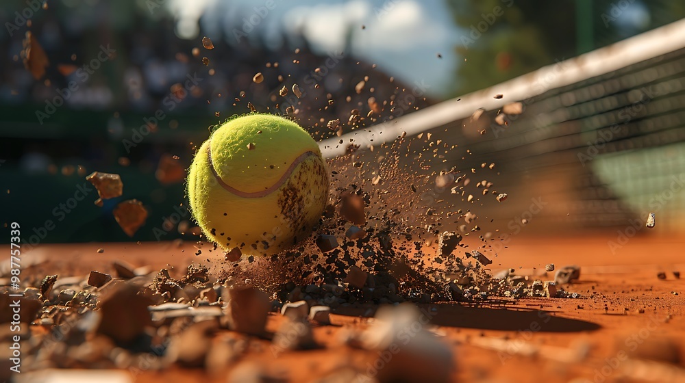 Shot of a ball striking a clay court with broken pieces in a frenetic tennis action scene