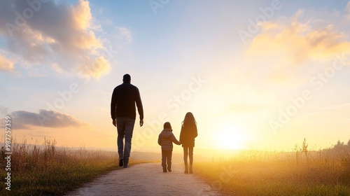 Family Stroll at Sunset on a Scenic Pathway