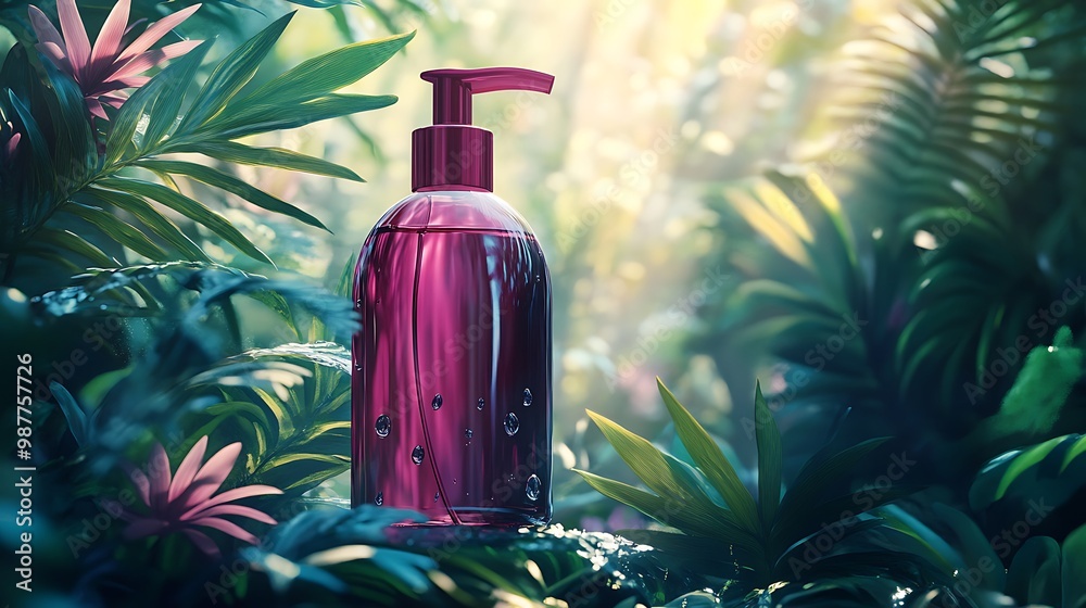 Luxury Pink Pump Bottle in Tropical Rainforest Setting