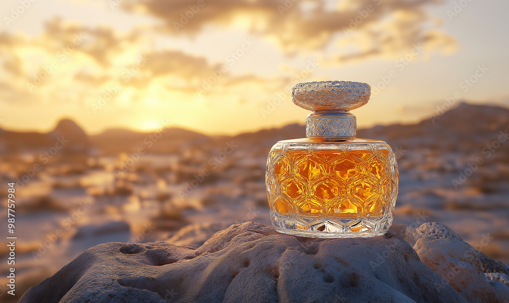 Product photography of a perfume bottle on top of a rock, the background is a desert at sunset Product photography of a perfume bottle on top of a rock, the background is a desert at sunset