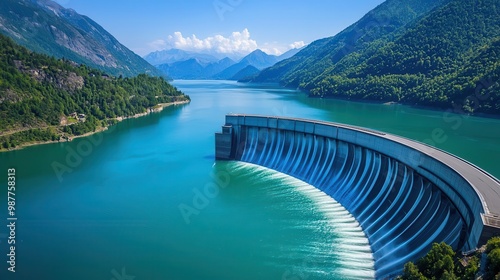 Futuristic hydropower plant with powerful turbines, generating clean energy and supporting green development