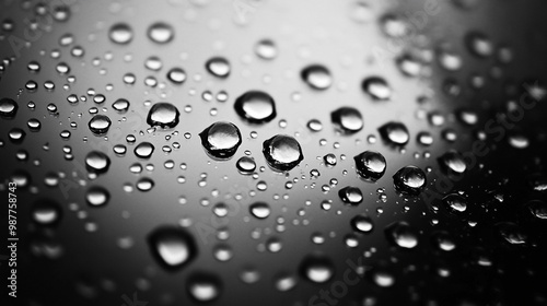 Rain Drops on a Window With Traffic Lights Raindrops gracefully cascade down a glass surface, forming tiny bubbles and scattered droplets.