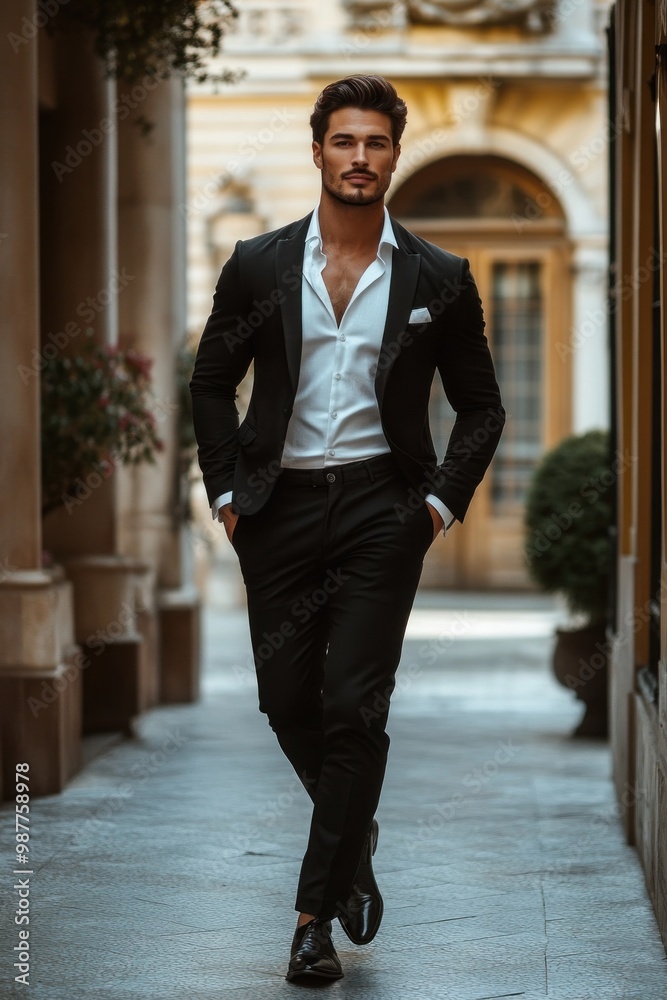Handsome male model wearing suit walking in european city Handsome male model wearing suit walking in european city