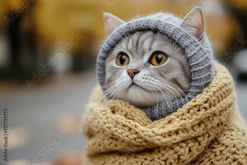 Wallpaper Mural Cute cat wearing a knitted hat and scarf enjoying autumn day Torontodigital.ca