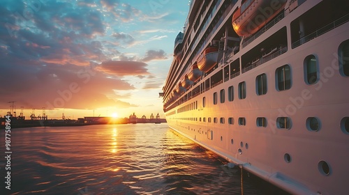 Side view of a big white cruise ship at sunset as it approaches the port