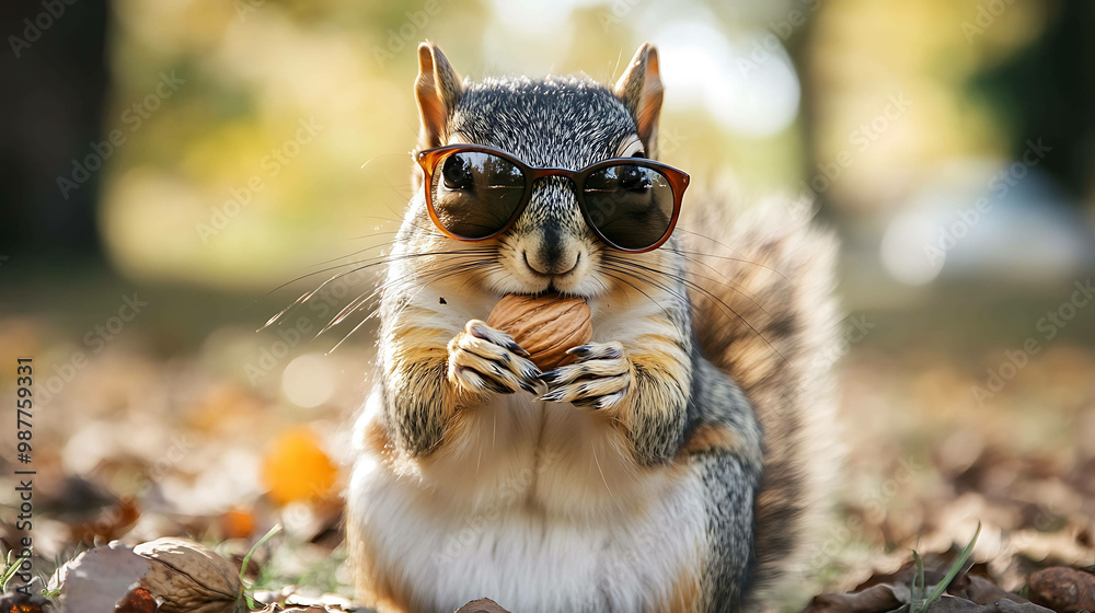 A cute squirrel wearing sunglasses and eating a nut. A cute squirrel wearing sunglasses and eating a nut.