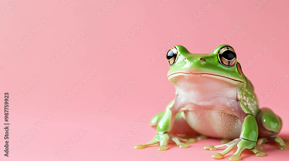 A green tree frog sits on a pink background. A green tree frog sits on a pink background.