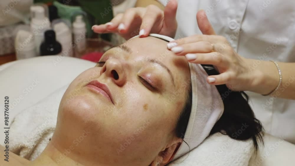 A girl cosmetologist massages a patient s forehead. A girl cosmetologist massages a patient s forehead.