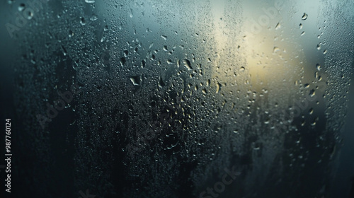 Water droplets on a dark background, raindrops and trickles of rain close up on window glass in heavy rain.