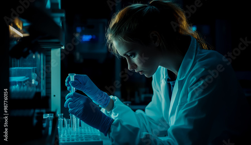 A female scientist in a white lab coat and blue gloves operates medical equipment, illuminated by an advanced computer screen.