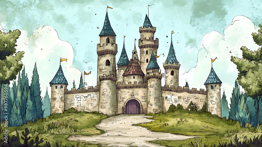 Obraz premium A whimsical cartoon illustration of a fairytale castle with multiple towers, surrounded by trees and a winding path.