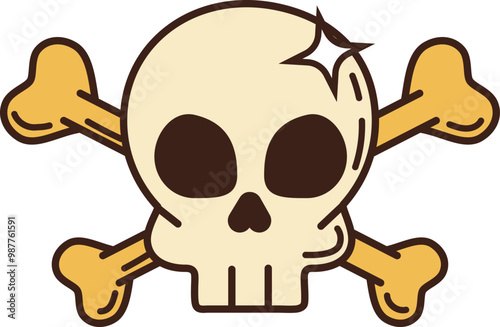 Cartoon groovy skull with crossbs, pirate and corsair jolly roger emblem. Isolated vector skeletal remains sign, exuding spooky seafaring charm. filibuster or sailor sparkling skeleton head