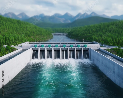 Futuristic hydropower facility with high-tech turbines, producing clean energy from river currents