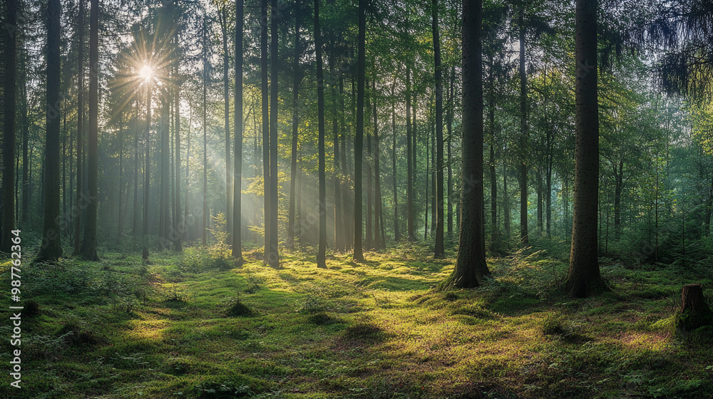 Naklejka premium Sunlight Filtering Through Tall Trees in a Forest Path, fabulous places. fantasies. fabulous nature. A wonderful world