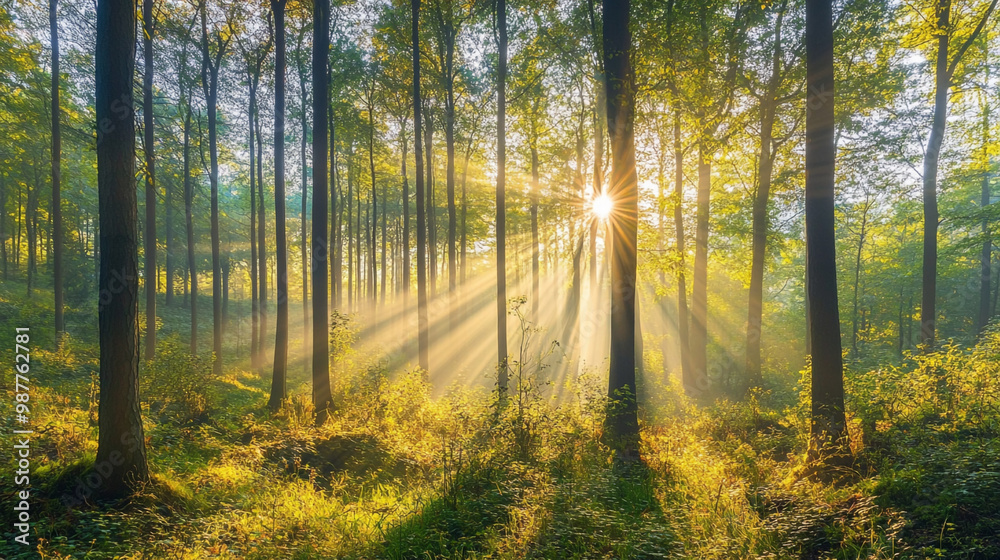 Obraz premium Golden sunlight illuminates a misty forest path, A serene forest scene at sunrise with tall trees and lush greenery.