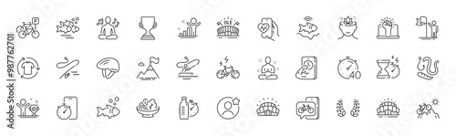 Winner, Mountain bike and Best friend line icons. Pack of Timer, Yoga, Change clothes icon. Leadership, Award cup, Boat fishing pictogram. Cardio training, Timer app, Bicycle parking. Vector