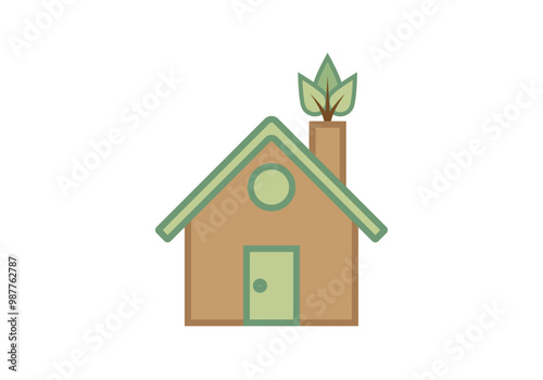 Casa marrón y verde ecológica y sostenible con hojas verdes