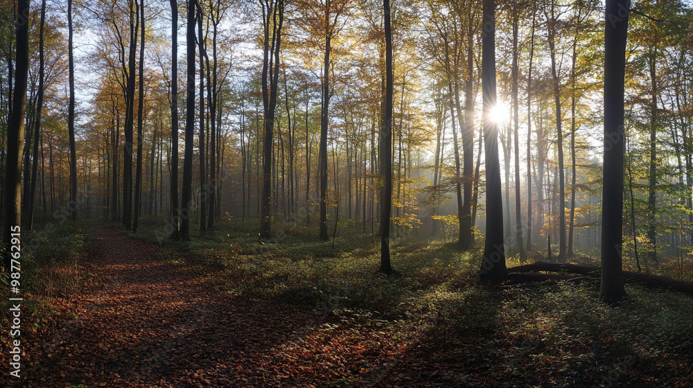 Golden sunlight illuminates a misty forest path, A serene forest scene at sunrise with tall trees and lush greenery. Golden sunlight illuminates a misty forest path, A serene forest scene at sunrise with tall trees and lush greenery.