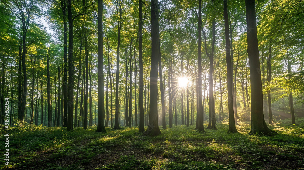 Obraz premium Explore a serene forest path illuminated by sunlight, featuring tall trees, sunlight shining in to foggy fall forest.