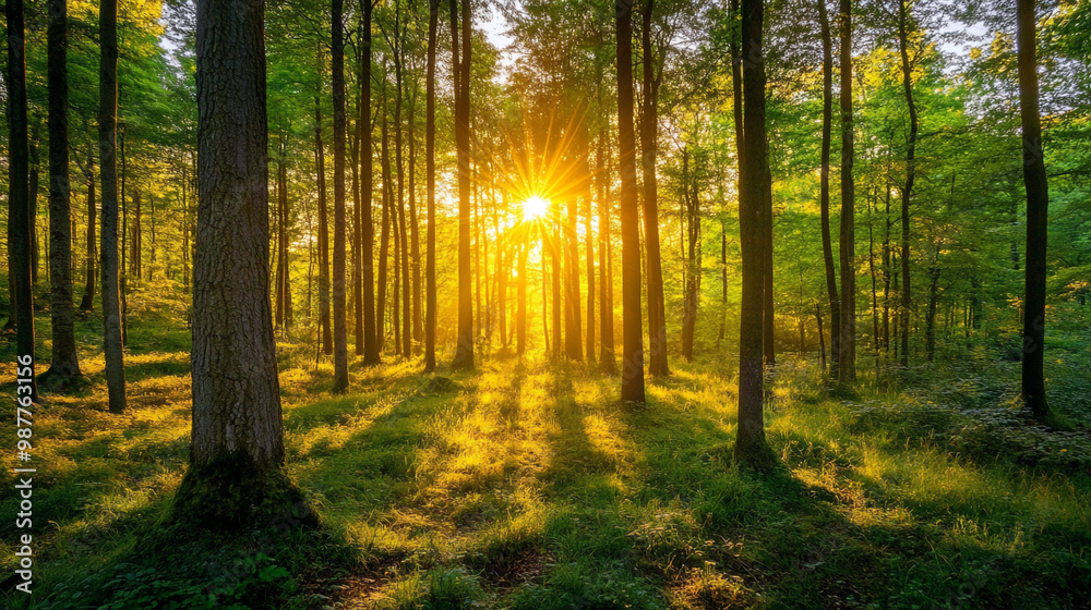 Naklejka premium Explore a serene forest path illuminated by sunlight, featuring tall trees, sunlight shining in to foggy fall forest.