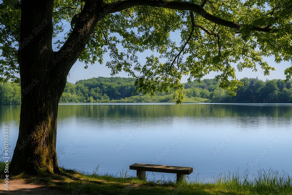 Tranquil lake scene with a bench under a tree in the summer Tranquil lake scene with a bench under a tree in the summer