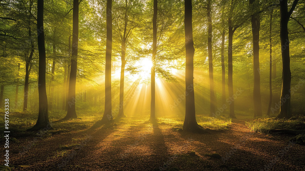 Fototapeta premium A Majestic Forest of Towering Pine Trees, Mystical Morning in the Forest Sunlight Filtering Through Mist and Trees.