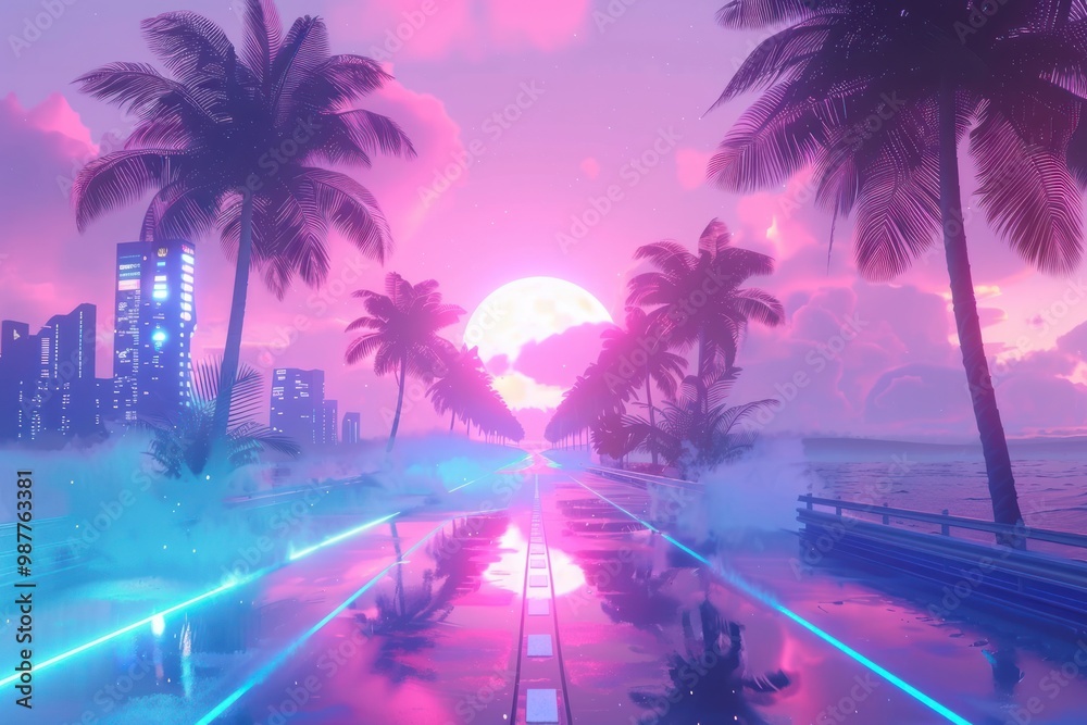 Fototapeta premium cyberpunk inspired creative illustration, clean vaporwave themed background 