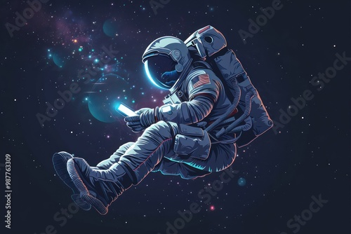 full body figure of a levitating astronaut using a smartphone in dark open space