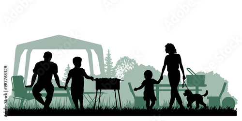 Family silhouettes. Father, mother and children had a picnic in nature. Vector illustration