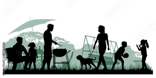 Family silhouettes. Father, mother and children had a picnic in nature. Vector illustration