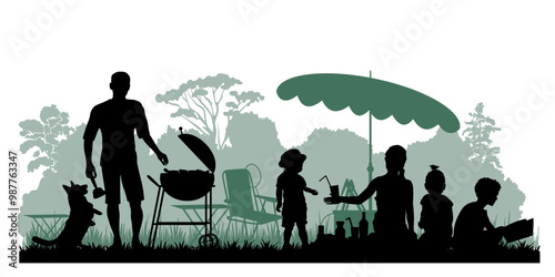 Family silhouettes. Father, mother and children had a picnic in nature. Vector illustration