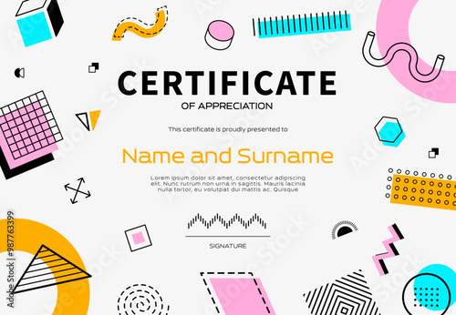 Certificate template with abstract geometric Memphis shapes, vector background. Diploma, education award or appreciation certificate template with Memphis pattern lines and minimal geometric shapes