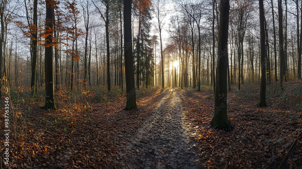 Obraz premium Sun shining through trees in forest, A serene sunlit forest with tall, green trees and lush undergrowth, bathed in the soothing light of a sunrise,