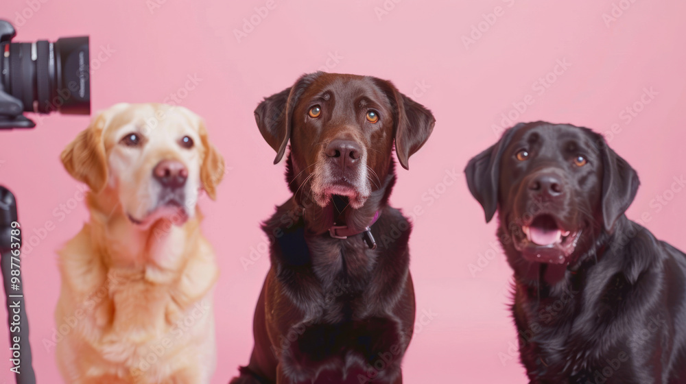 Dogs filming a product review with floating cameras, creating viral content for influencer marketing Dogs filming a product review with floating cameras, creating viral content for influencer marketing