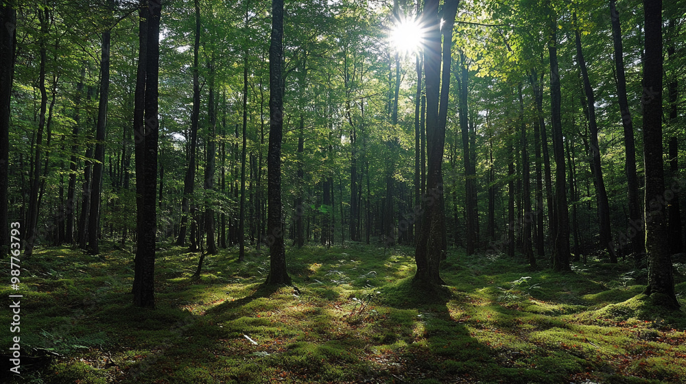 Obraz premium blank neutral white podium stage with aesthetic abstract floral sun light shadows textured concrete, A bright, sunny day with the sun shining through a canopy of trees in a lush forest.