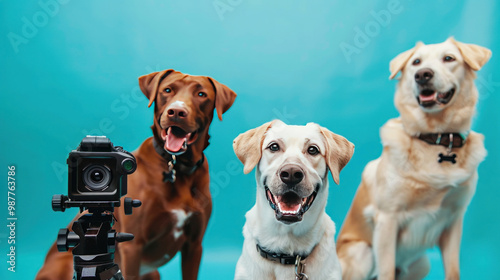 Dogs filming a product review with floating cameras, creating viral content for influencer marketing photo