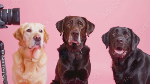 Dogs filming a product review with floating cameras, creating viral content for influencer marketing