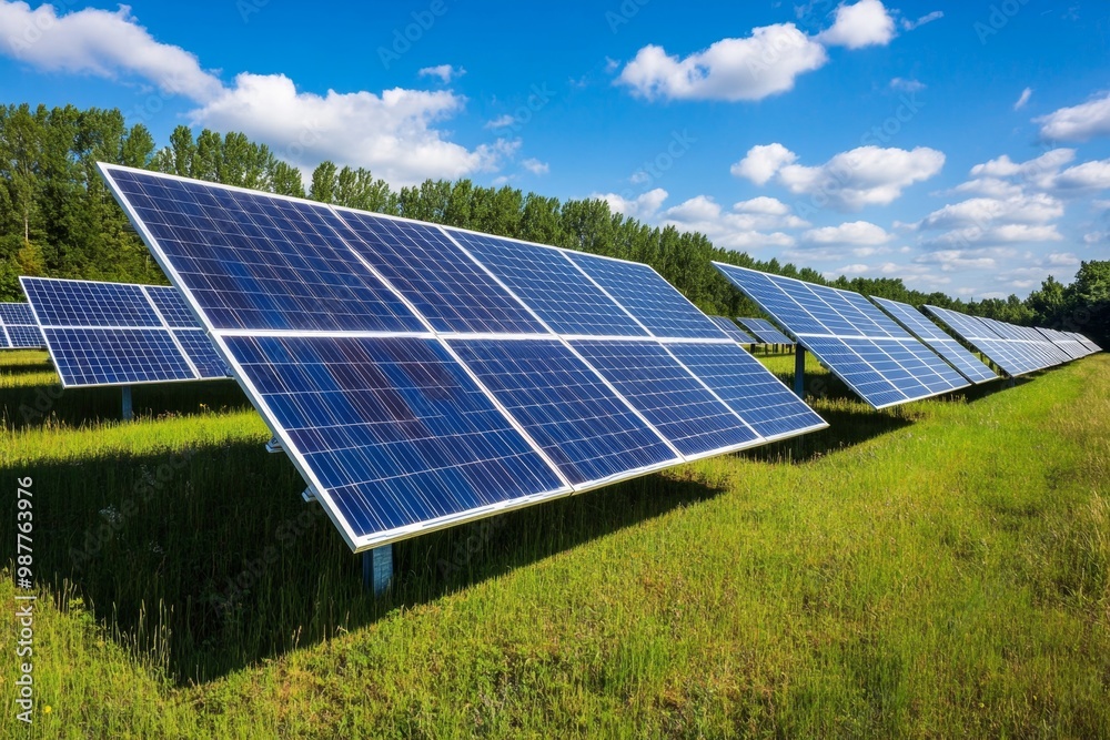 A solar panel farm in a rural area, generating clean energy and reducing carbon emissions A solar panel farm in a rural area, generating clean energy and reducing carbon emissions