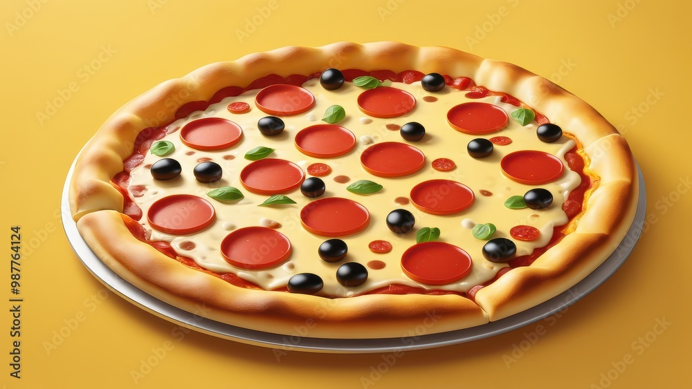 A delicious pepperoni pizza with olives and herbs on a golden background. A delicious pepperoni pizza with olives and herbs on a golden background.