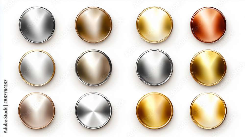 Set of twelve round metallic buttons showing different metals and colors Set of twelve round metallic buttons showing different metals and colors