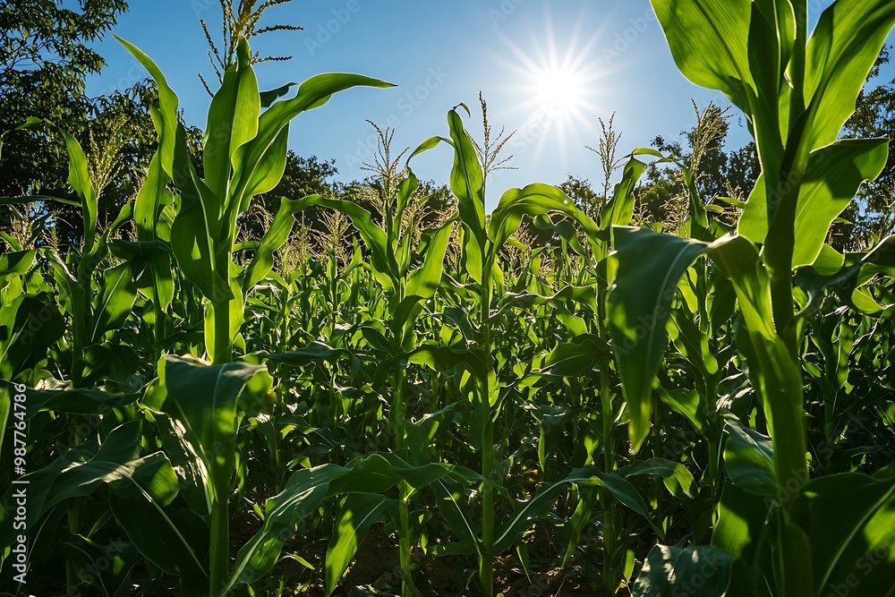 Low angle view of tall corn stalks in a field with sun shining through Low angle view of tall corn stalks in a field with sun shining through