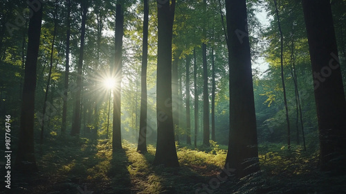 Wallpaper Mural Beautiful forest panorama with bright sun shining through the trees, Pathway through the Pine Forest. Torontodigital.ca