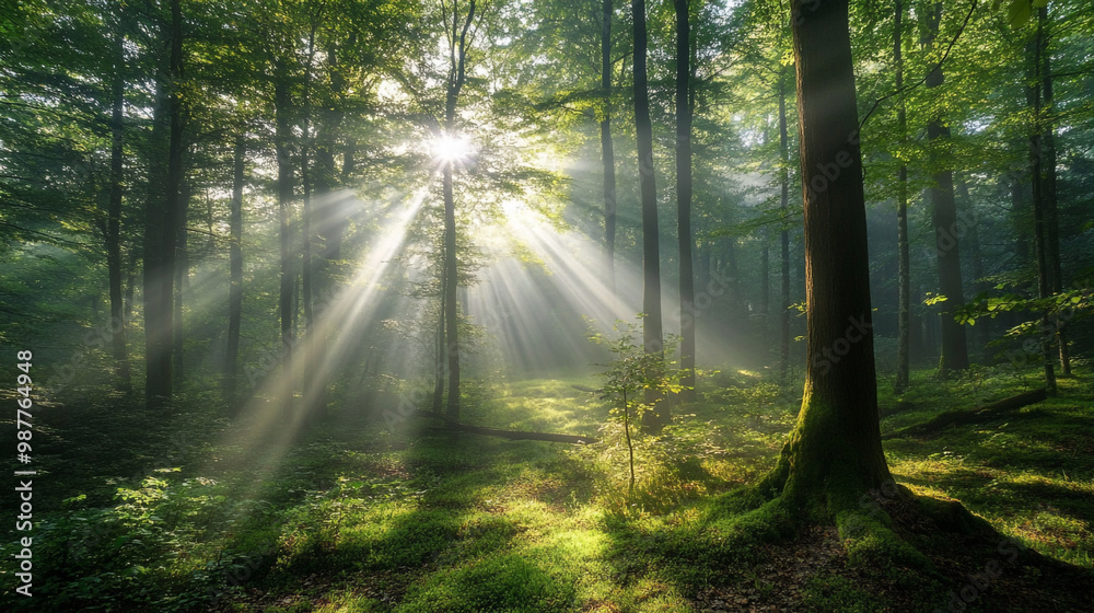 Fototapeta premium Experience a Breathtaking View of a Magical Forest with Tall Trees and Soft Early Morning Light, Sunlight peeks through a lush, green forest, casting long shadows and creating a serene.