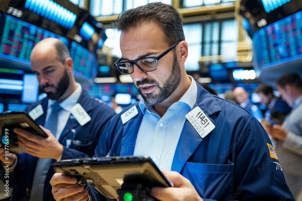 A stock market exchange floor, with brokers busy making trades and communicating with clients in real-time A stock market exchange floor, with brokers busy making trades and communicating with clients in real-time