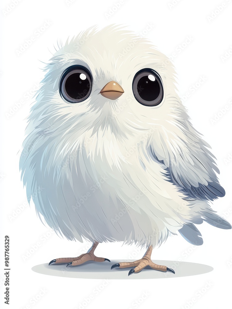 Cute cartoon illustration of a fluffy white bird with big eyes, perfect for children's themes and nature designs, white background Cute cartoon illustration of a fluffy white bird with big eyes, perfect for children's themes and nature designs, white background