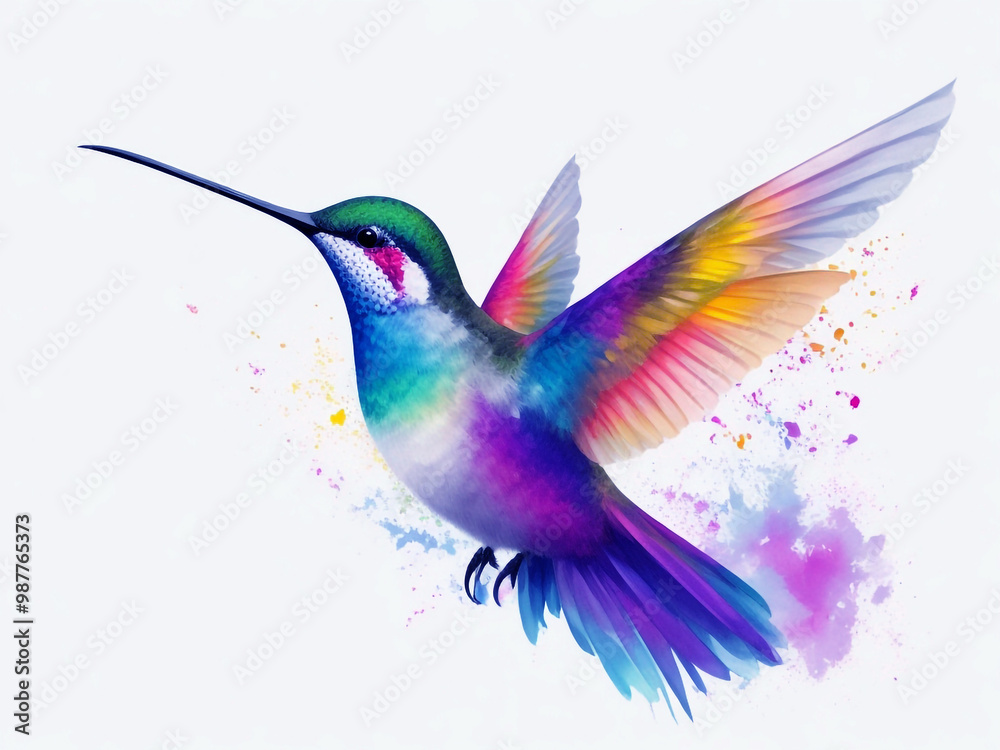 Obraz premium A vibrant hummingbird is captured mid-flight, its body angled slightly to the left against a clean, white background.