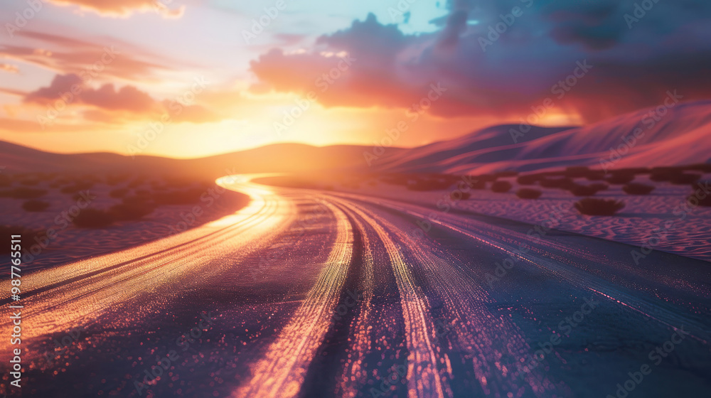 Driving through a glowing desert where the road shifts and changes with the landscape Driving through a glowing desert where the road shifts and changes with the landscape