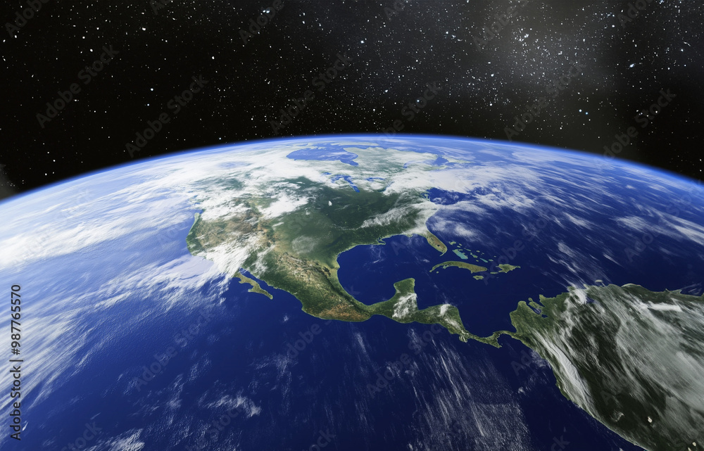The planet earth viewed from space, North America ad South America - a field of stars above. The arc of the sphere of earth viewed by satellite or astronaut - environment The planet earth viewed from space, North America ad South America - a field of stars above. The arc of the sphere of earth viewed by satellite or astronaut - environment