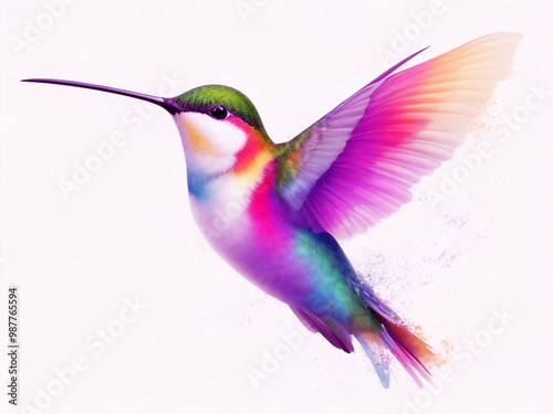 Hummingbird watercolor illustration. Watercolor isolated , flying multi-colored hummingbird isolated on white background.