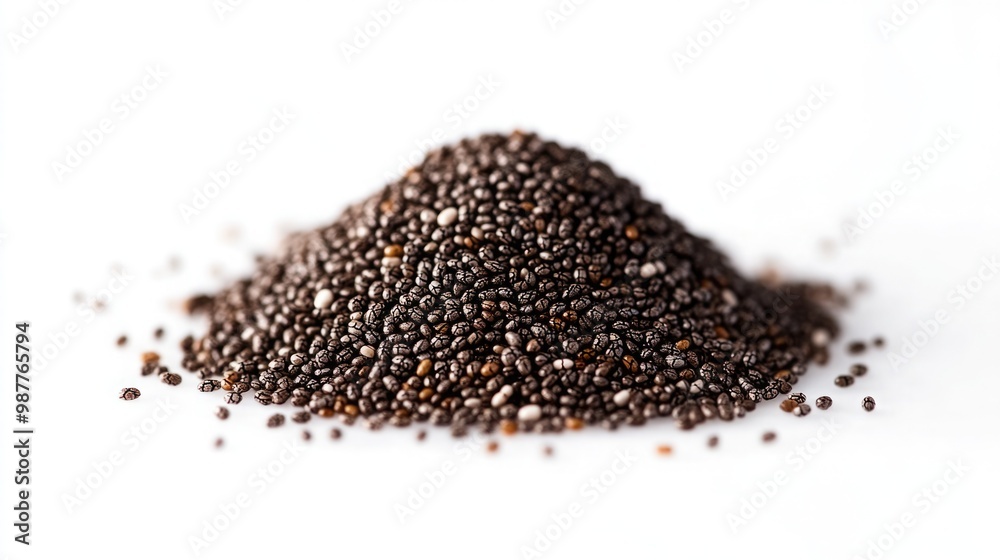 Black and White Speckled Chia Seeds on White Background Highlighting Tiny Size Black and White Speckled Chia Seeds on White Background Highlighting Tiny Size
